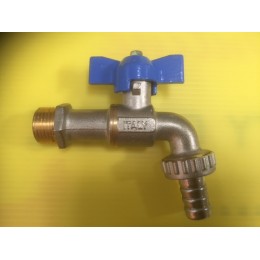 BIBCOCK, ANGLED BALL VALVE WITH HOSE UNION, 15MM, BLUE TEE HANDLE 