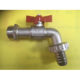 BIBCOCK, ANGLED BALL VALVE WITH HOSE UNION, 25MM, RED TEE HANDLE 